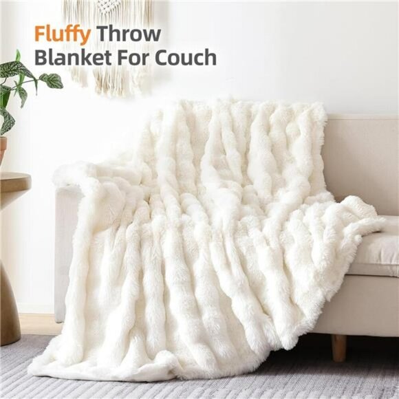 Faux Fur Throw Blanket Cream White Fluffy Soft Fleece Couch Bed Decor 50x60 - Picture 3 of 7